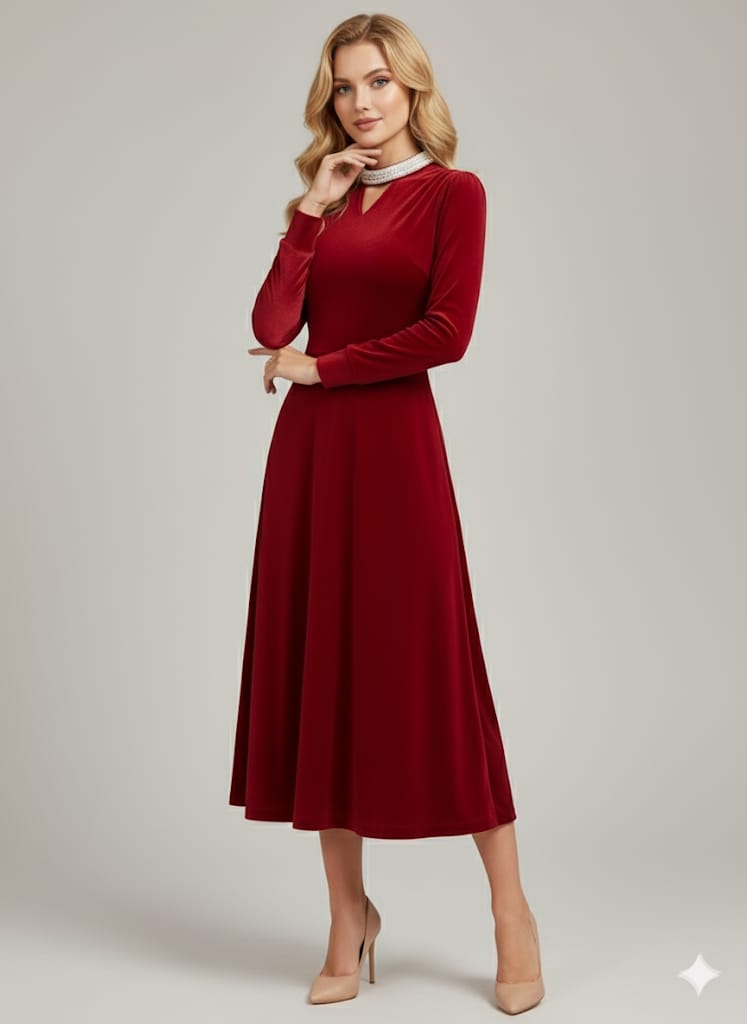 Women’s Formal Velvet Gown – Burgundy Long Sleeve A-Line Dress With Beaded Waist, Perfect for Gala, Prom & Luxury Events