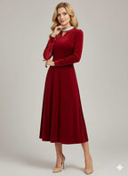 Women’s Formal Velvet Gown – Burgundy Long Sleeve A-Line Dress With Beaded Waist, Perfect for Gala, Prom & Luxury Events
