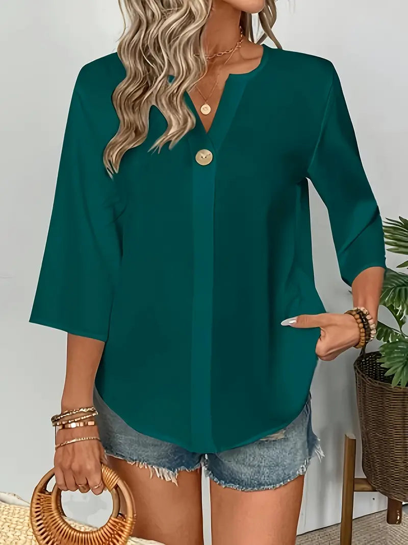 NISWA STYLE Elegant V-Neck Long Sleeve Blouse, Loose Fit Solid Color Button-Up Shirt With Faux Buttons, Lightweight Top For Casuall And Formal Wear