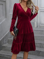 Elegant Crimson Formal & Party Dress – V-Neck A-Line Gown For Women With Ruffled Sleeves, Flared Hem & Sophisticated Texture
