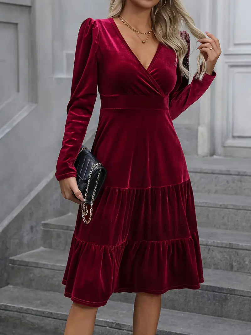 Elegant Crimson Formal & Party Dress – V-Neck A-Line Gown For Women With Ruffled Sleeves, Flared Hem & Sophisticated Texture