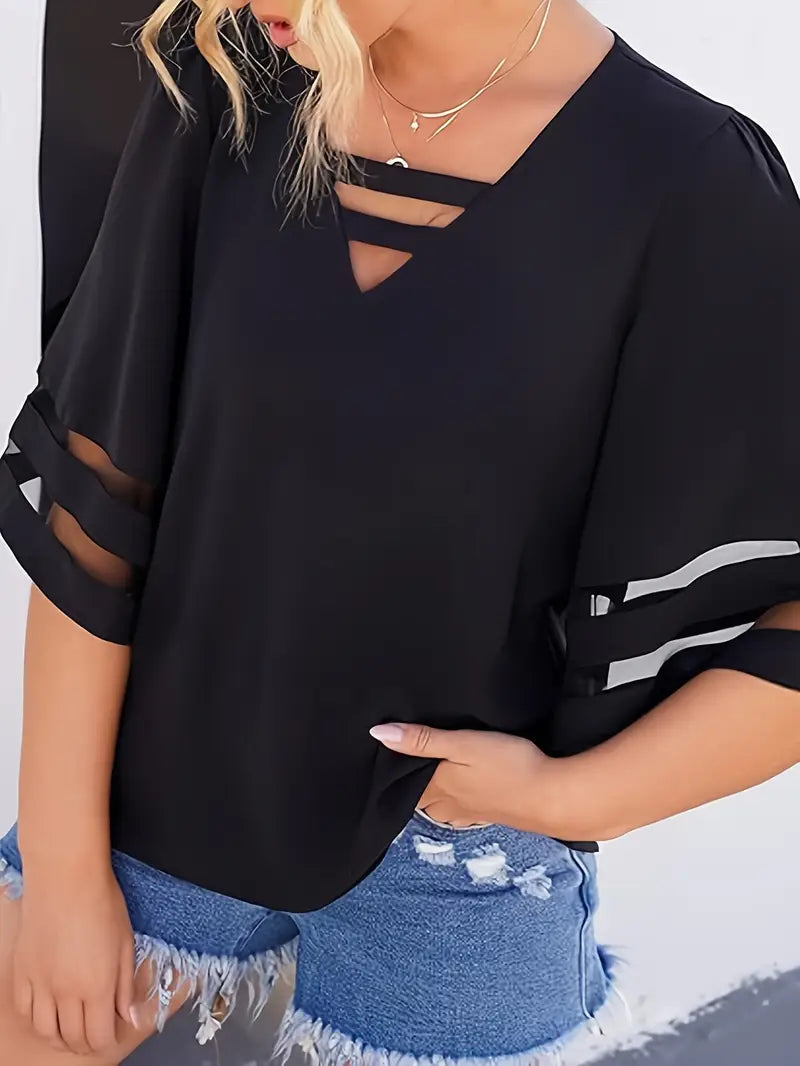Elegant V-Neck T-Shirt – 3/4 Sleeve  Blouse With Breathable Mesh Panel Top For Casual & Everyday Wear