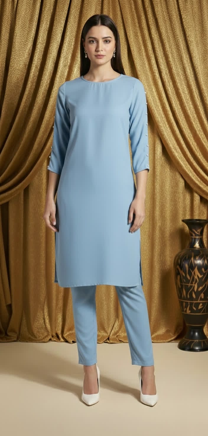 Sophisticated Pearl Detail Co-ord Set For Women, Elegant Shirt Pearl Work Top With Tailored Straight Pants.