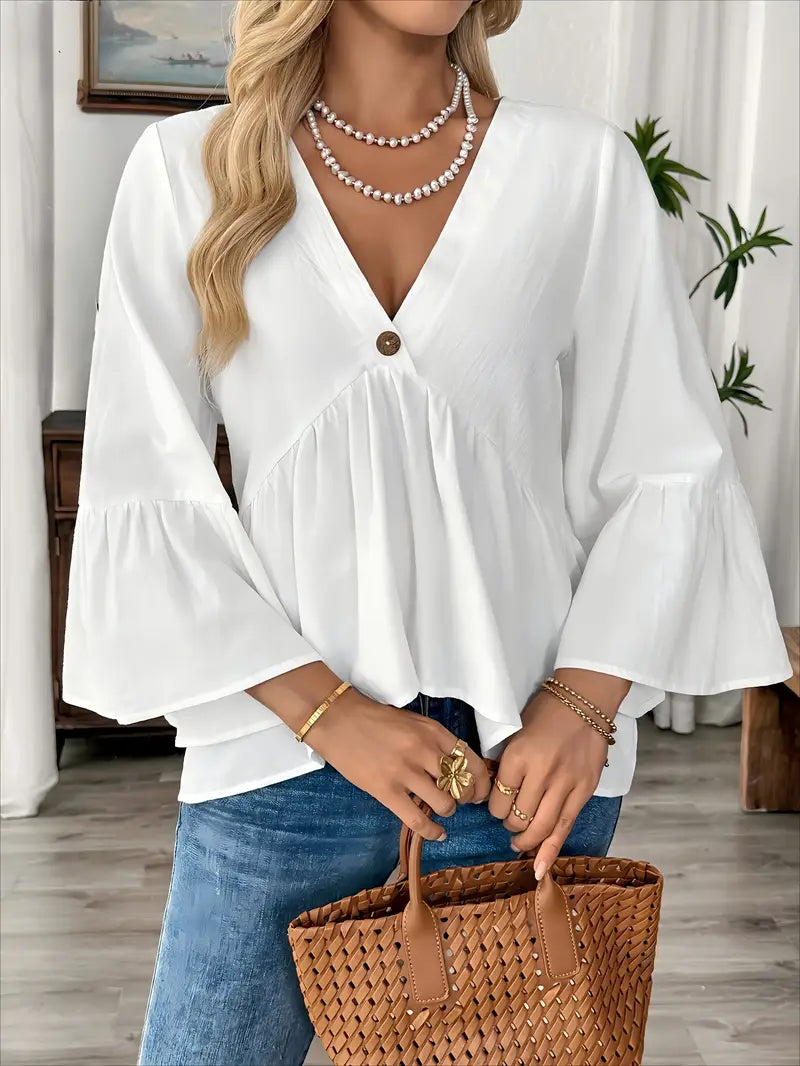V-Neck Puff Sleeve Blouse, Asymmetrical Hem, Smock Neckline, A-Line Casual To Semi-Formal Tunic Top