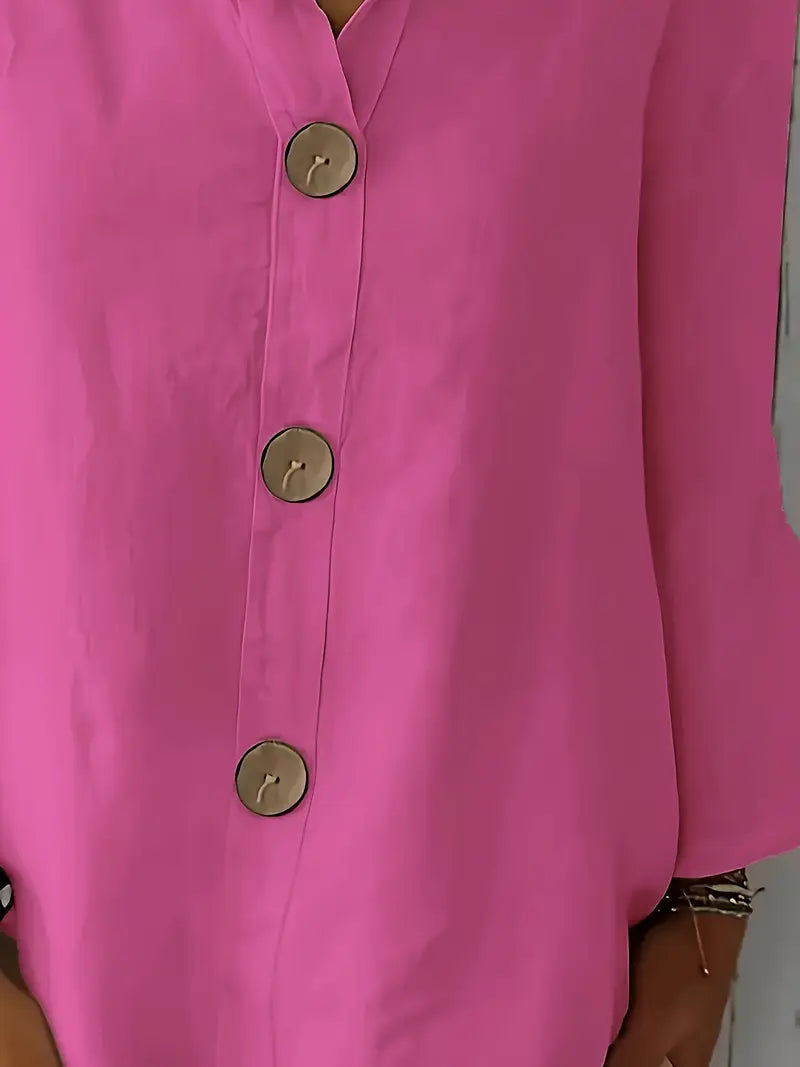 Classy Loose-Fit Blouse, Round Neck Short Sleeve Top With Decorative Button Details, Relaxed Fit, Everyday & Leisure Outfits