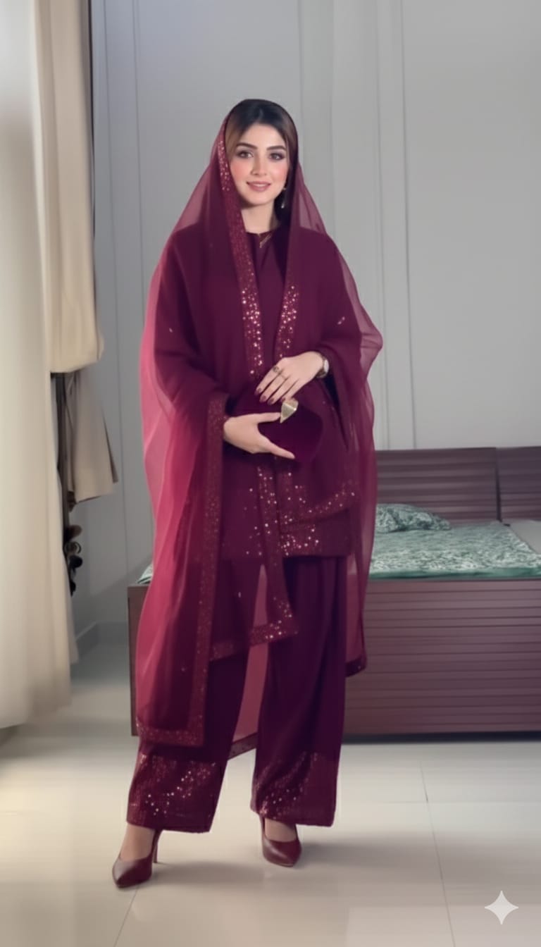 Royal Maroon Silk Party Wear Suit With Sequin Detailing.