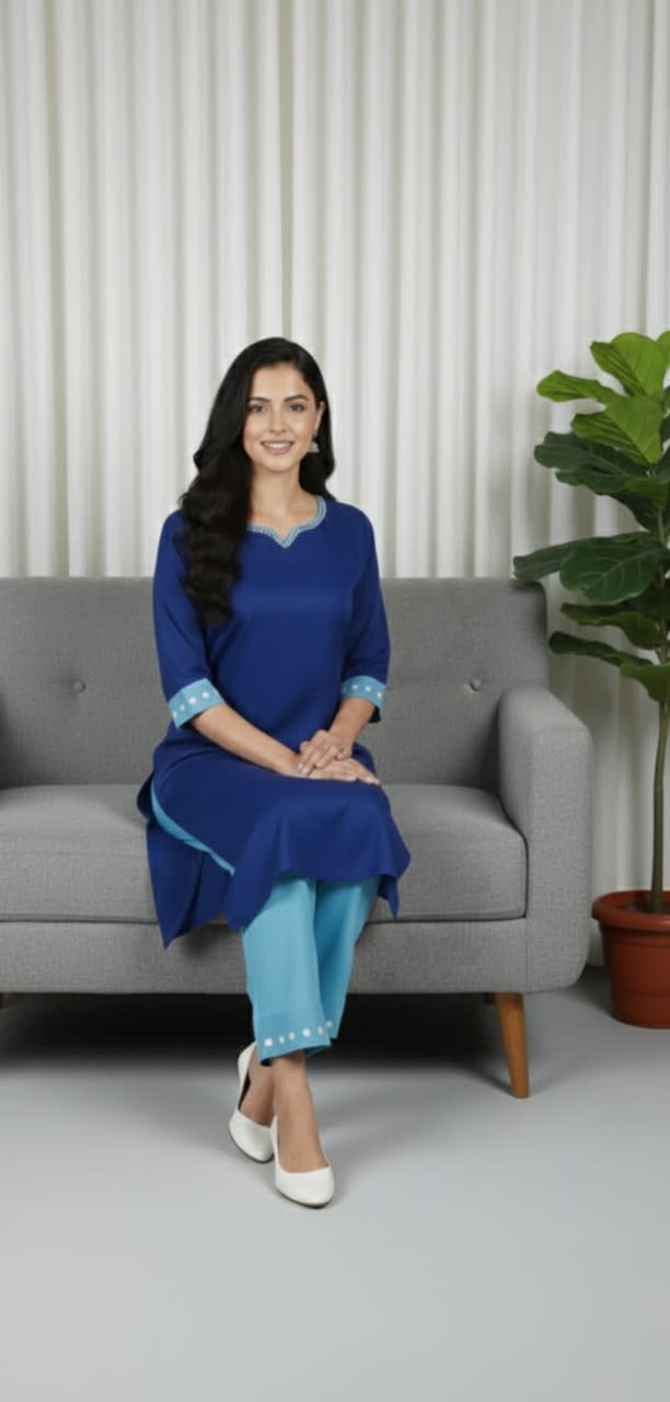 Women’s Royal Blue Kurta Pant Set – 3/4 Sleeve Shirt With White Circle Design & Sky Blue Trouser.