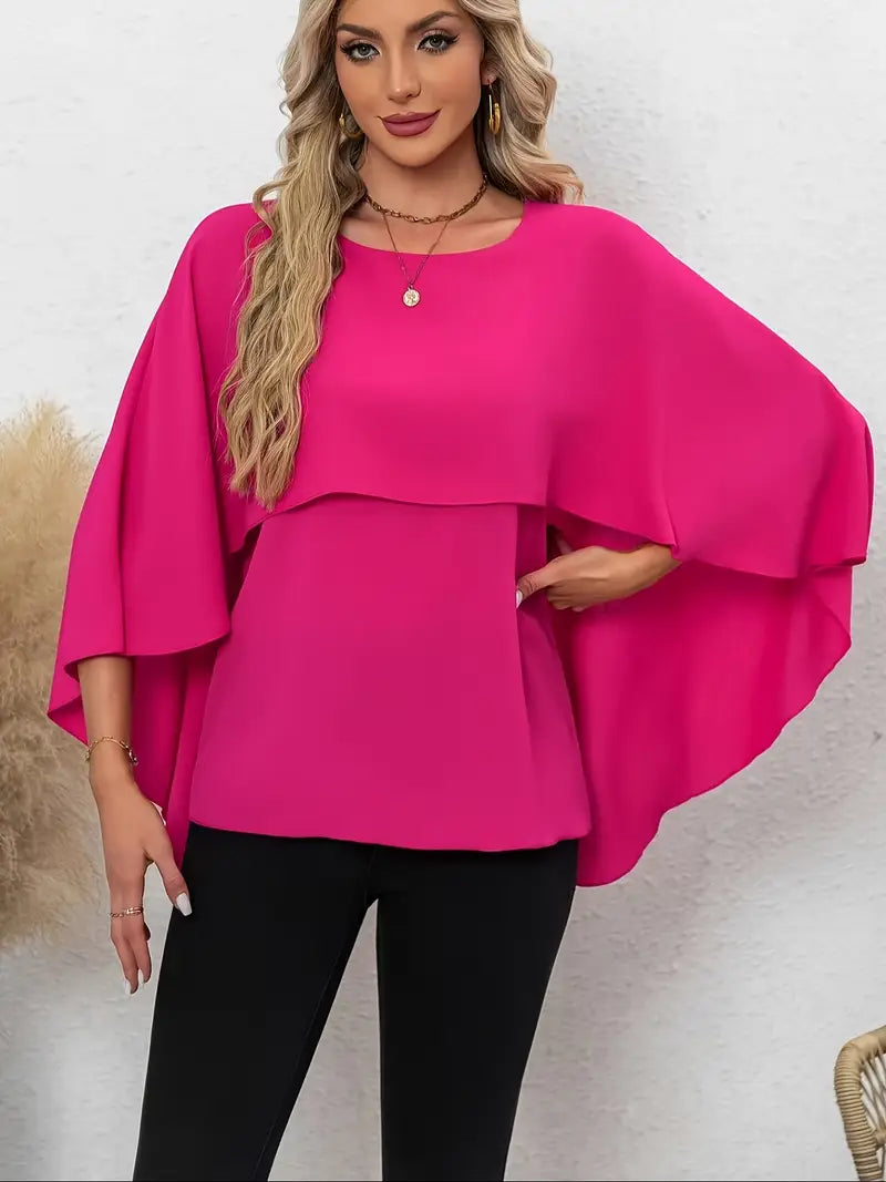 Elegant Layered Cape Sleeve Blouse, Solid Color Round Neck Top With Ruffled Detailing, Lightweight, Casual & Formal Wear