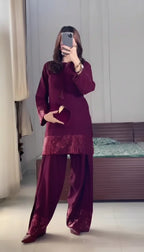 Royal Maroon Silk Party Wear Suit With Sequin Detailing.