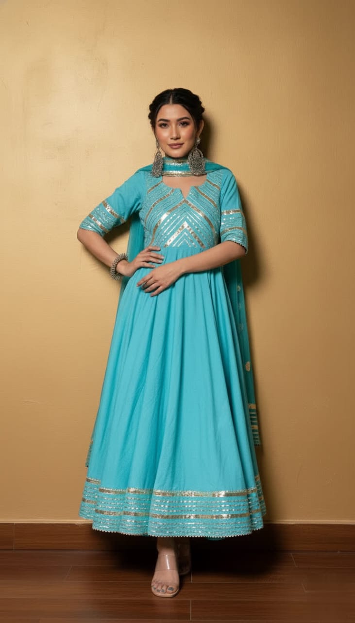 Premium Black Gota Patti Anarkali Pant Set For Women – Silk Long Anarkali With Different Shade Chiffon Dupatta & Embellished Pants.