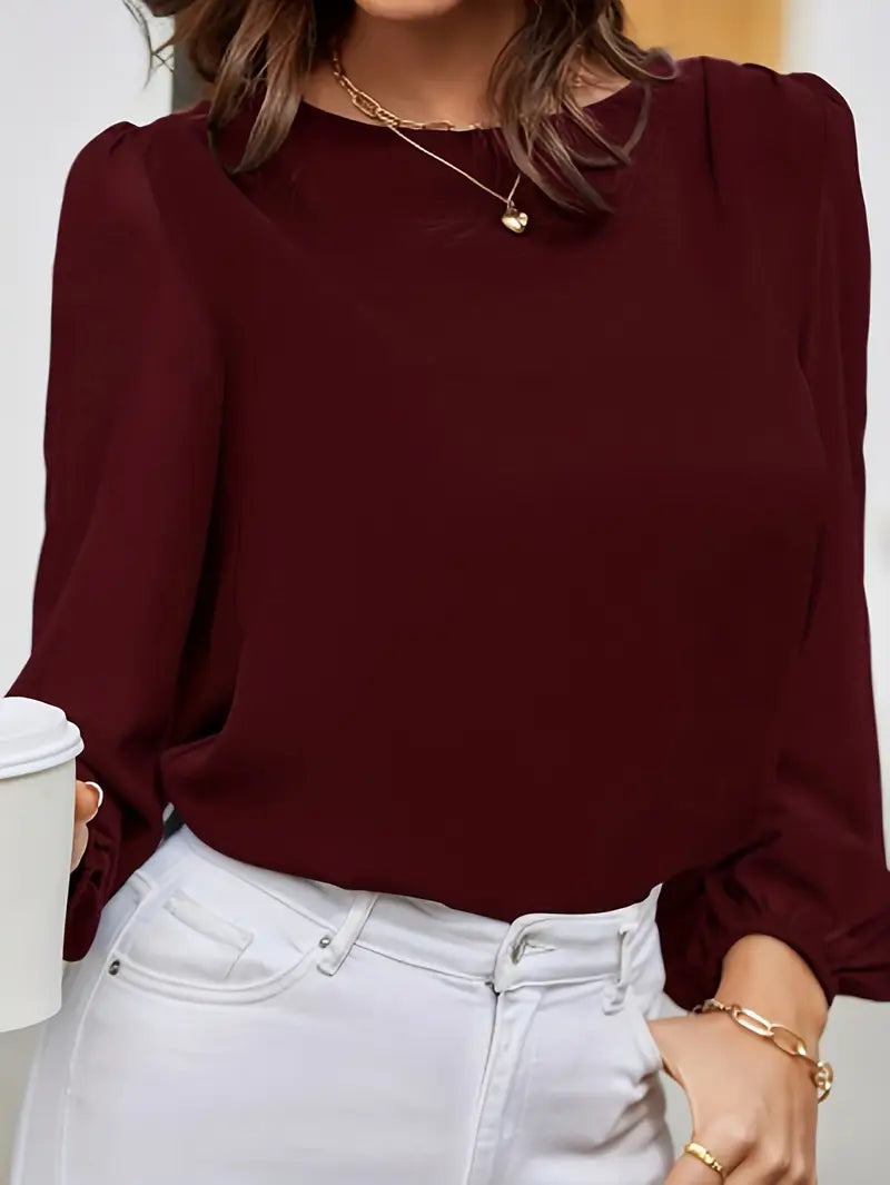 Elegant Long Puff Sleeve Smock Shirt, Round Neck Blouse, All-Season Top For Casual And Formal Outfits