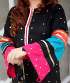 Trendy Black Kurta Set With Orange Hem & Multicolor Sleeves