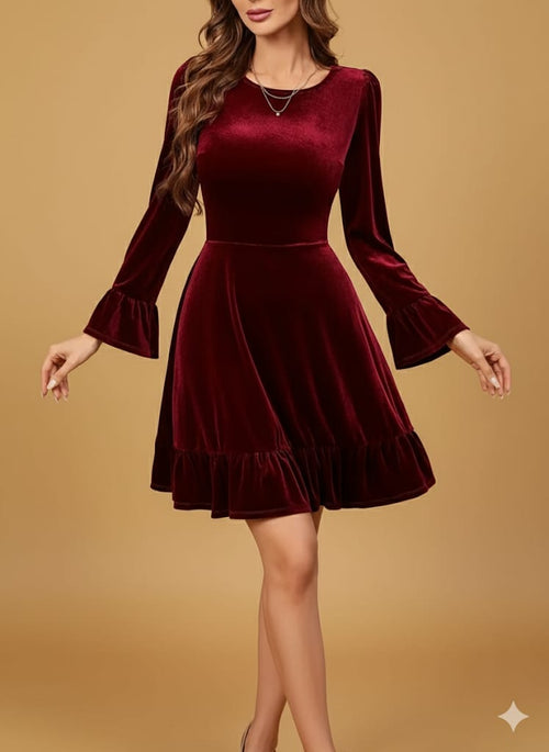 Burgundy Winter A-Line Dress With Poinsettia Collar & Ruffled Sleeves, Elegant Formal Party Wedding Gown
