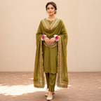 Olive Green Luxury Pret Three-Piece Suit With Gold Lace