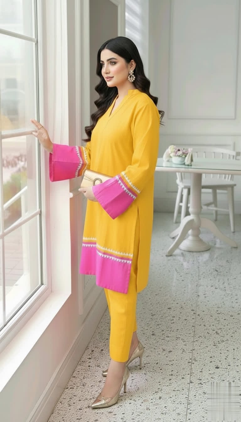 NISWA STYLE Elegant Cotton Contrast Suit – Two - Tone Long Shirt With Matching Trouser, Trendy Contrast Hem Shirt And Trouser.