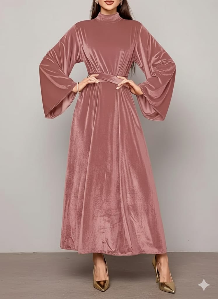 Elegant Full-Length Velvet Maxi Dress For Women, Long Sleeve Gown With Belt, Zipper Back And Tie Detail  Formal Evening Dress