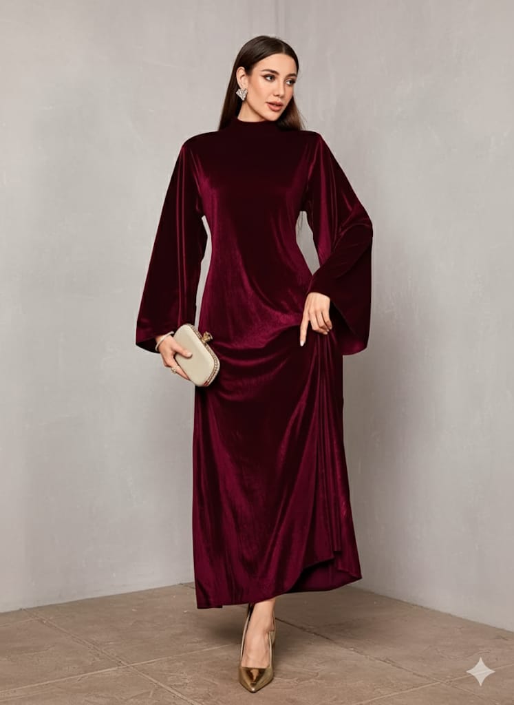 Elegant Full-Length Velvet Maxi Dress For Women, Long Sleeve Gown With Belt, Zipper Back And Tie Detail  Formal Evening Dress