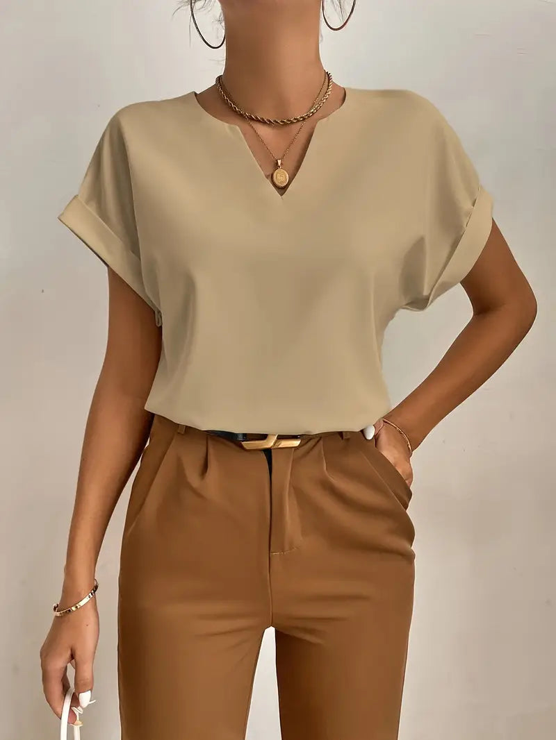 Casual V-Neck Short Sleeve Blouse, Lightweight Pullover Top, Stylish Shirt For Office And Casual Wear