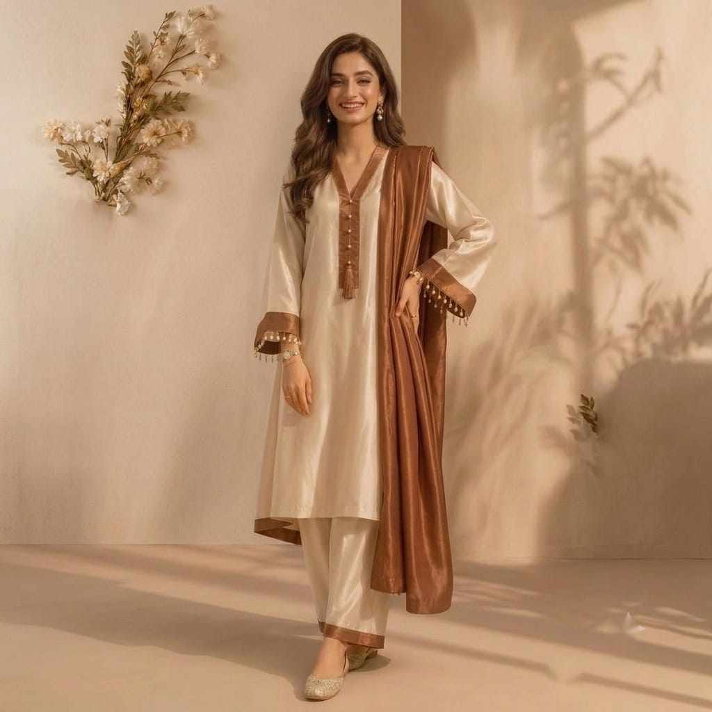 Cream & Caramel Brown Three -Piece Silk Suit