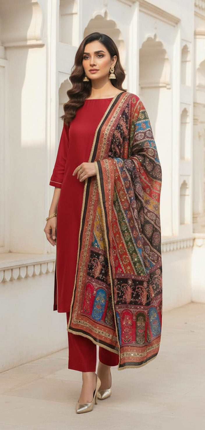 Colourful Ethnic Suit Set With Spectacular Embellished Mirrored Dupatta