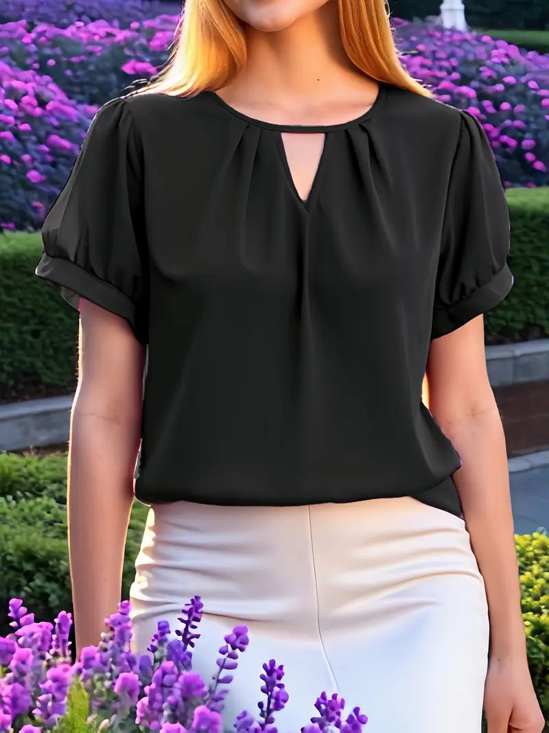 NISWA STYLE Women’s V-Neck Blouse, Loose Fit Short Sleeve Top With Glossy Fabric, Vintage Style