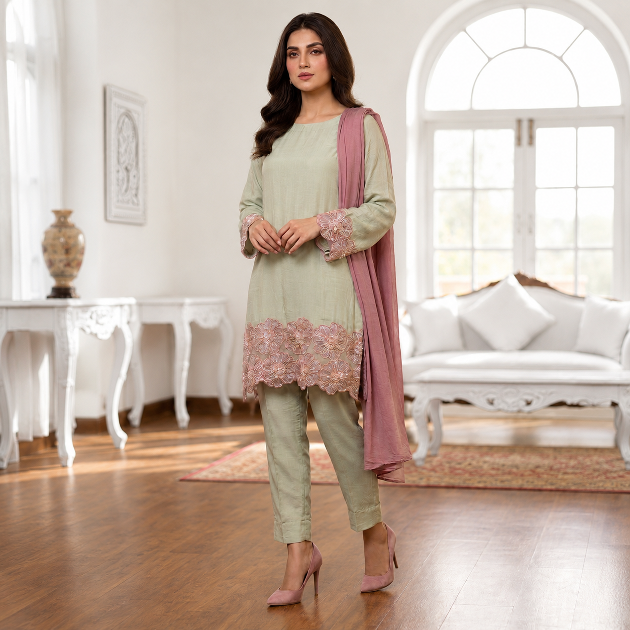 Pastel Green Luxury Pret Suit With Pink Lace Detailing