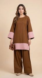 Brown And Pink Lawn Cotton Two Piece Suit - Short Shirt With Embroidery & Farshi Shalwar