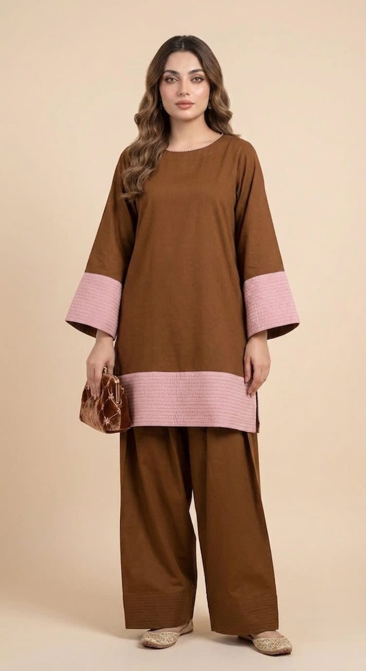 Brown And Pink Lawn Cotton Two Piece Suit - Short Shirt With Embroidery & Farshi Shalwar