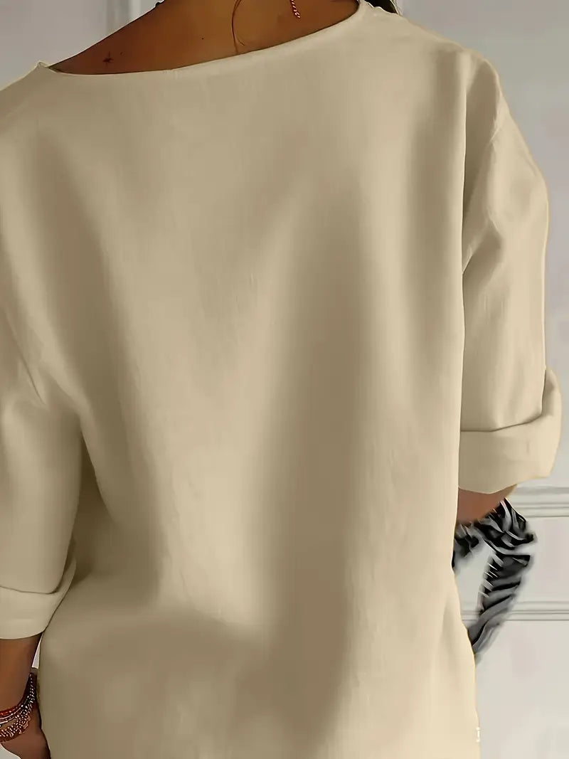 Classy Loose-Fit Blouse, Round Neck Short Sleeve Top With Decorative Button Details, Relaxed Fit, Everyday & Leisure Outfits
