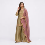 Elegant Golden Beige Suit With Mauve Dupatta