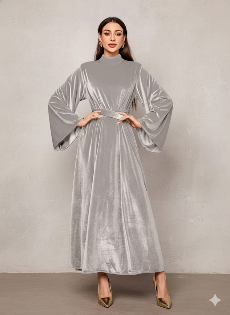 Elegant Full-Length Velvet Maxi Dress For Women, Long Sleeve Gown With Belt, Zipper Back And Tie Detail  Formal Evening Dress