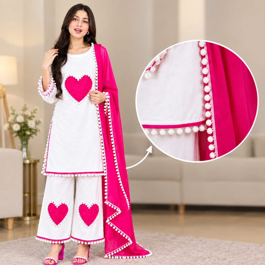 Niswa Style White Heart Patch Suit With Pink Detailing