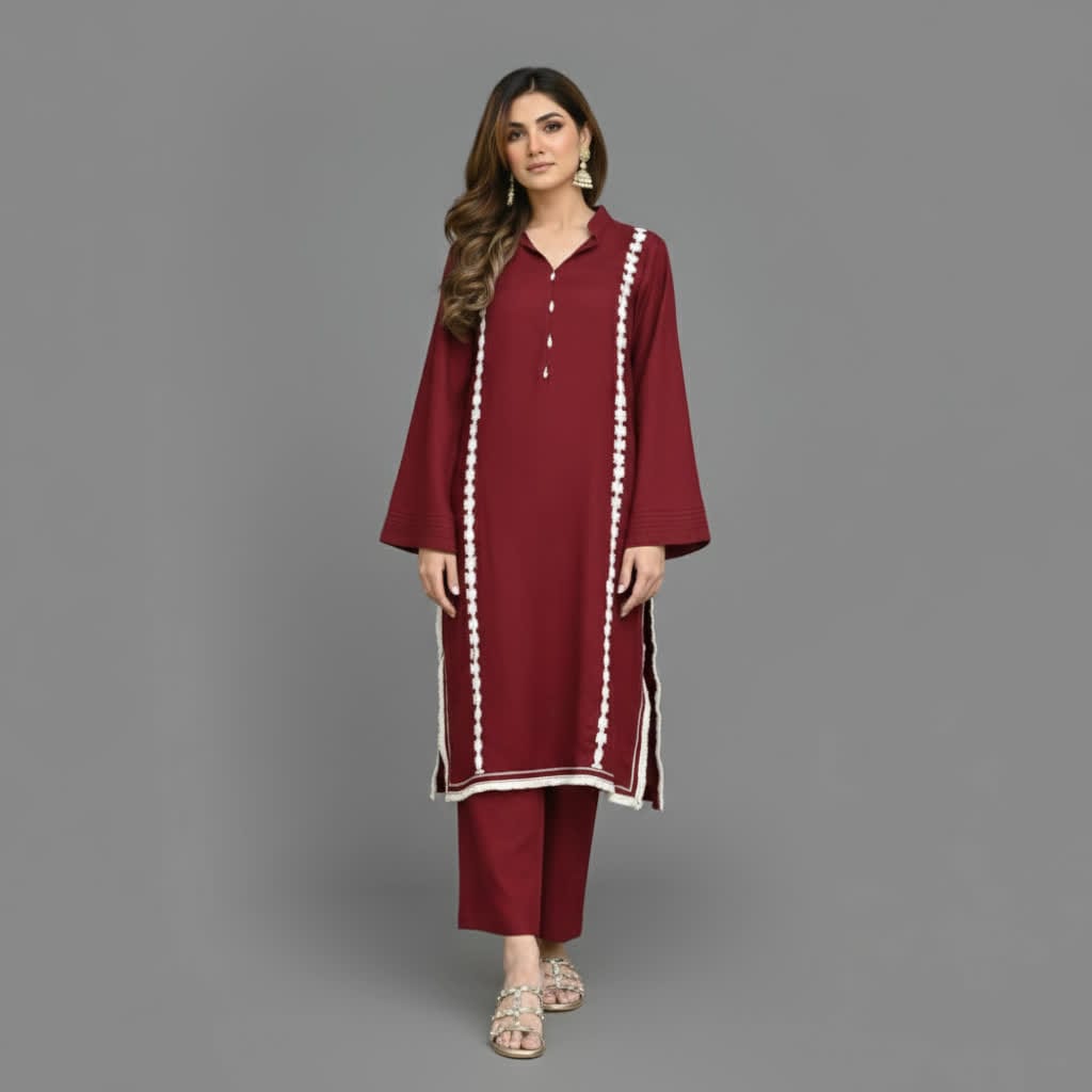 Modern Lace Kurta Co-ord Set, Stylish Long Kurta With Florals & Straight Pants With Stand Collar & Decorative Buttons.