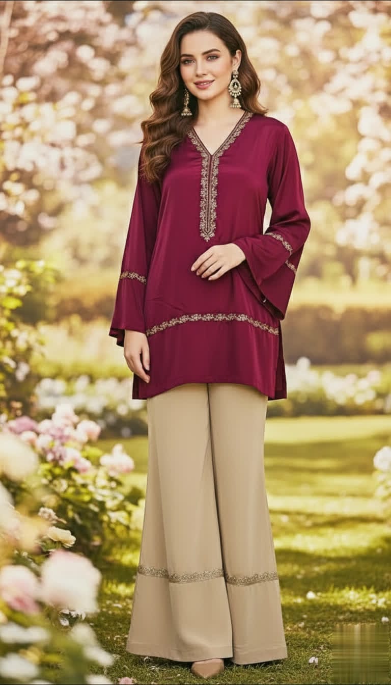 Sophisticated Crimson Lace Short Kurti With Off-White Bell Bottom Pants – Elegant Contrast Co-Ord Set