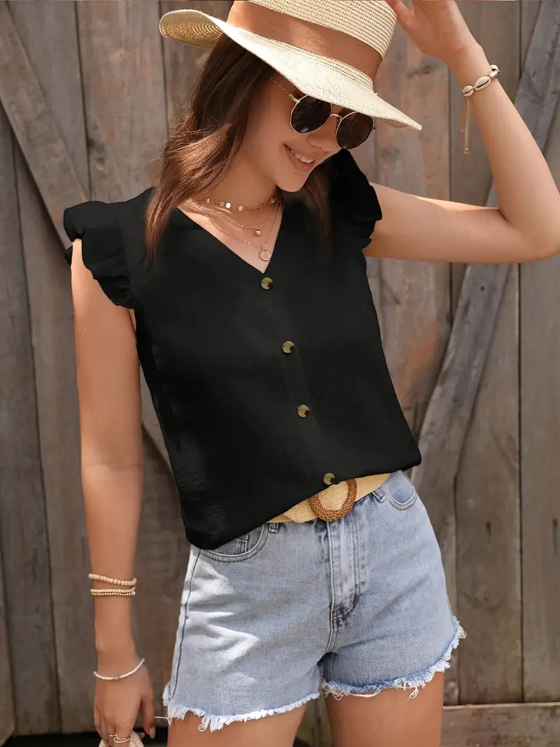 Elegant V-Neck Blouse With Puff Sleeves, Chic Button Down Shirt, Stylish Top Casual And Office Wear