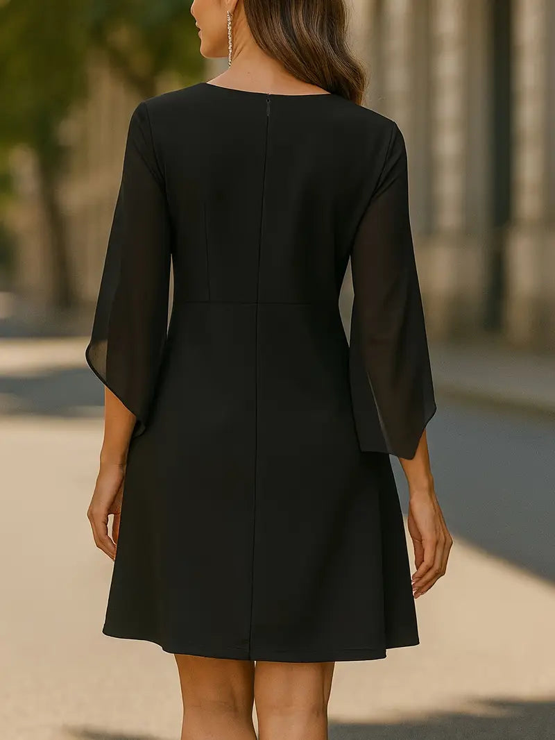 Women’s Elegant Black Puff Sleeve A-Line Maxi Dress –  Long Formal Gown With Round Neck, Flowy Floor-Length Design, Sophisticated Winter Fashion