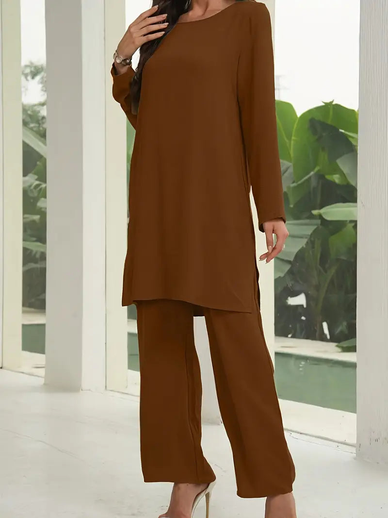 Elegant Women’s 2-Piece Set – Loose Round Neck Long Sleeve Top & Casual Wide-Leg Pants | Cozy Loungewear Outfit, Stylish Two-Piece Suit