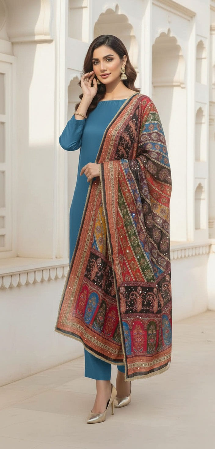 Colourful Ethnic Suit Set With Spectacular Embellished Mirrored Dupatta