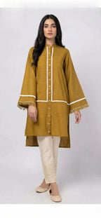 Comfortable Mustard Short Kurti Set – Stylish Front Button Shirt With White Straight Trouser Set For Women.