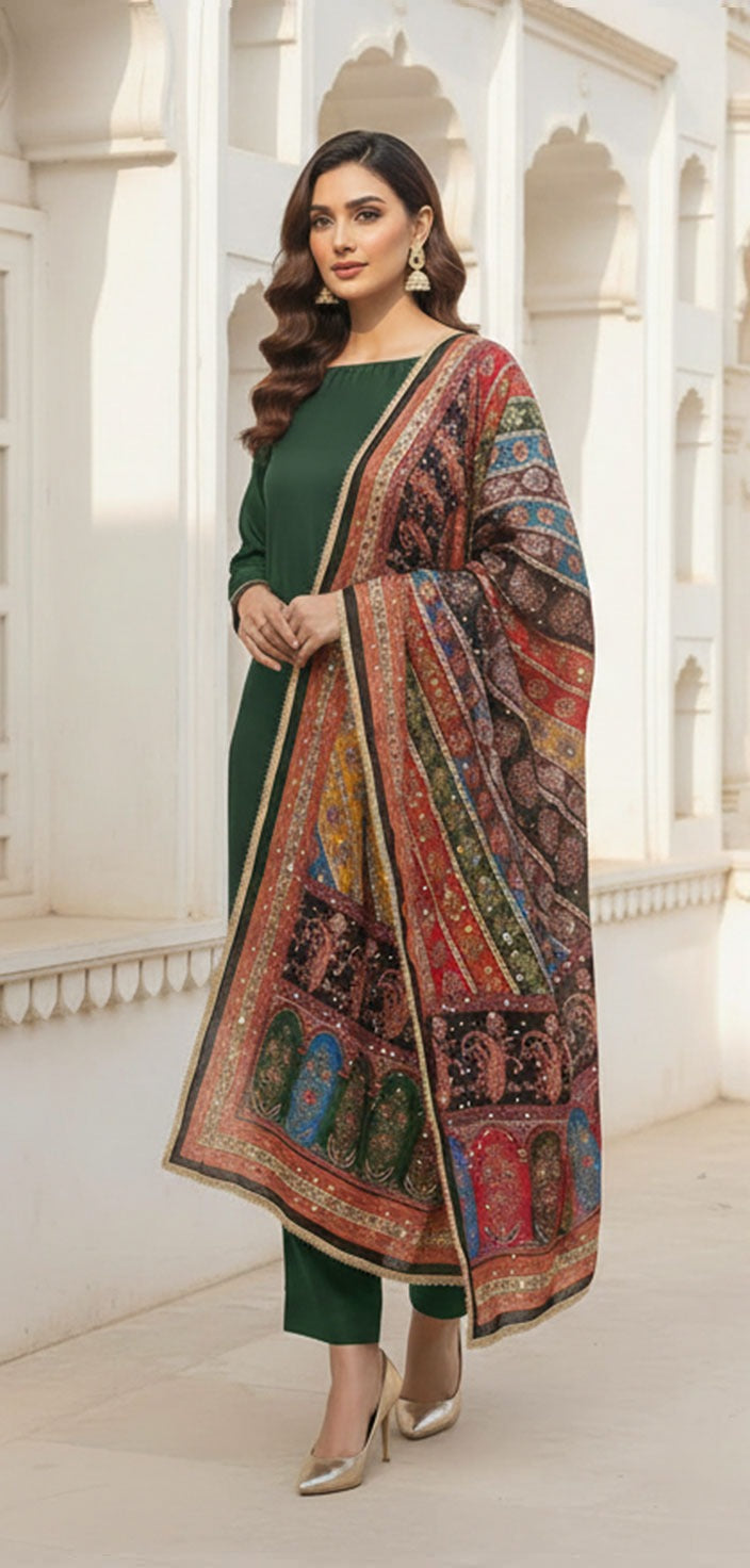 Colourful Ethnic Suit Set With Spectacular Embellished Mirrored Dupatta