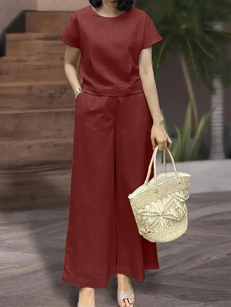 Elegant 2-Piece Set, Short Sleeve Top & Wide Leg Pants With Pockets, Regular Fit, Effortless Casual & Dressy Wear