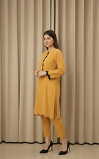 Elegant Cotton 2-Piece Suit – Crew-Neck Chori Piping Shirt With Cutwork Sleeves & Reet Design Trouser | Latest Stylish Women’s Outfit.