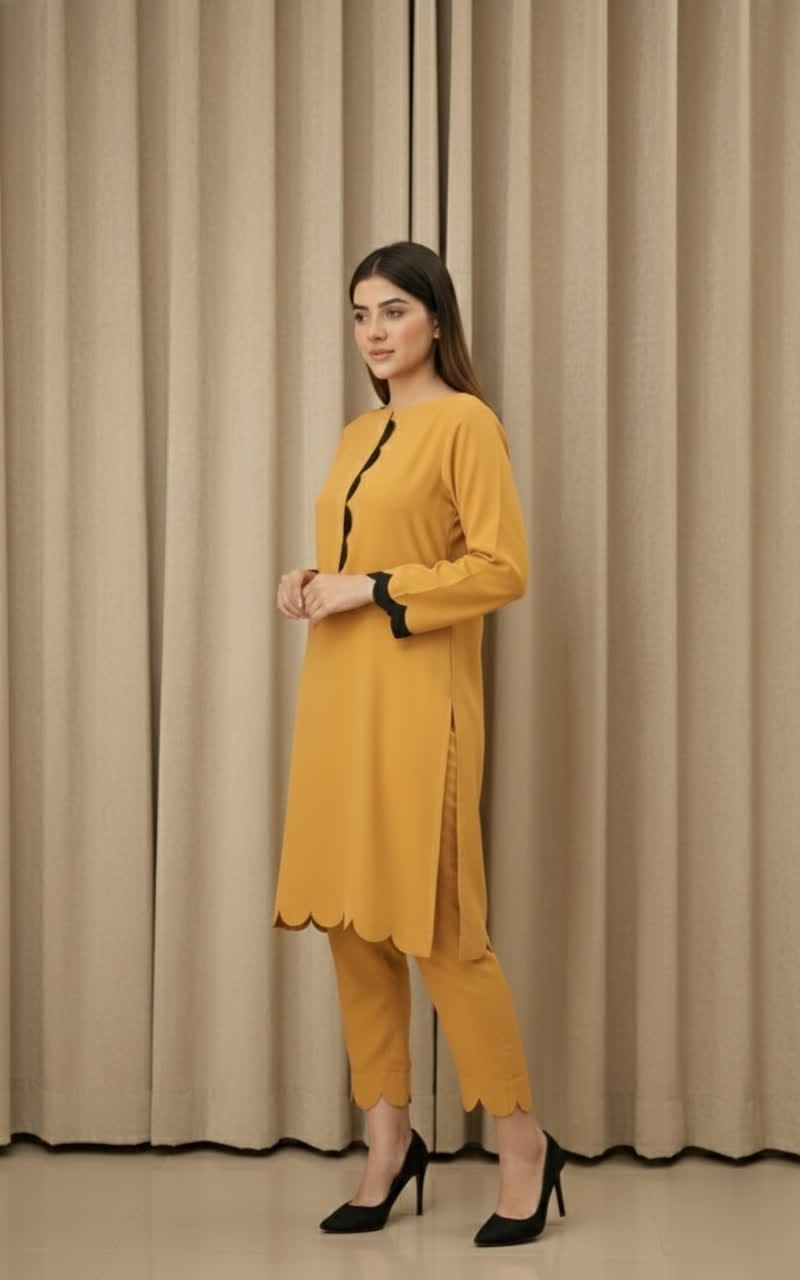 Elegant Cotton 2-Piece Suit – Crew-Neck Chori Piping Shirt With Cutwork Sleeves & Reet Design Trouser | Latest Stylish Women’s Outfit.