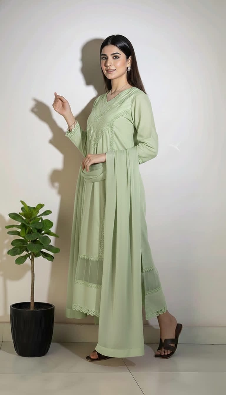 Cotton Lace Kurta Set For Women – 3 Piece Ethnic Suit With Chiffon Dupatta. |