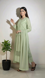 Cotton Lace Kurta Set For Women – 3 Piece Ethnic Suit With Chiffon Dupatta. |
