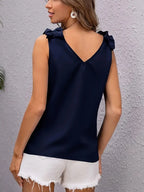 Elegant Sleeveless Blouse, V-Neck Solid Color Top With Glossy Finish And Ruffle Accent