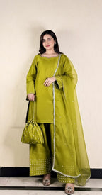 Designer Silk Short Shirt & Shalwar Set With Crystal Detailing.