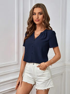 Women’s Faux Button Blouse, Elegant V-Neck Top, Lightweight Smooth Texture Fabric
