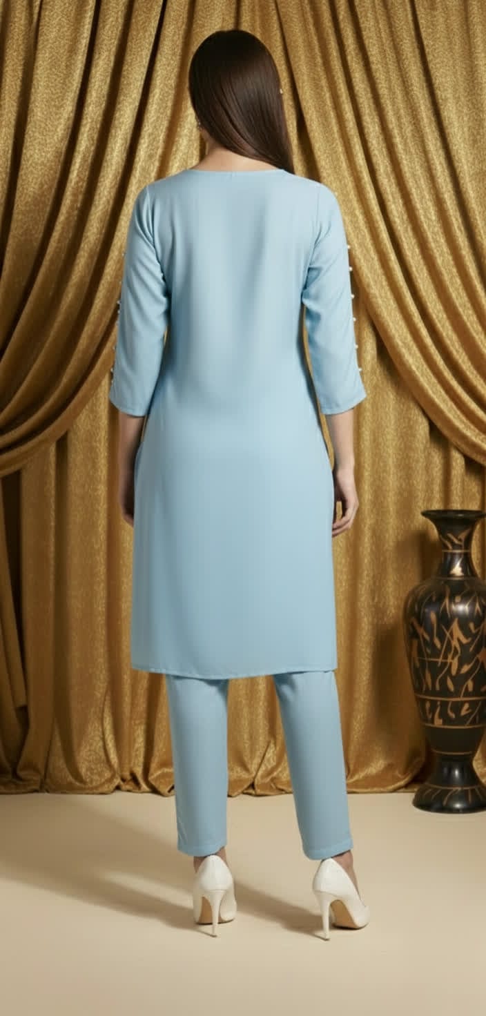 Sophisticated Pearl Detail Co-ord Set For Women, Elegant Shirt Pearl Work Top With Tailored Straight Pants.