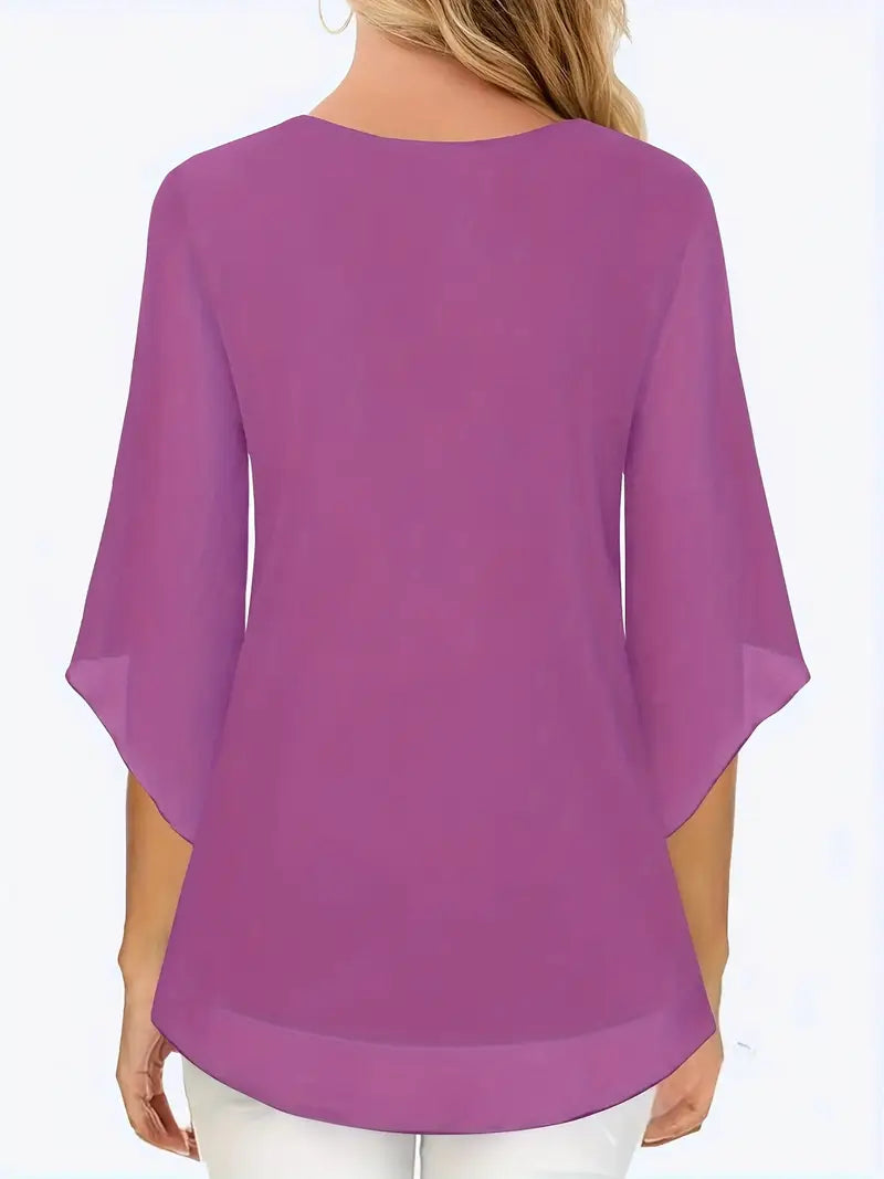 Elegant V-Neck Shirting Blouse, 3/4 Sleeve Top With Double Layer Mesh, Hollow Details, Casual & Formal Blouse